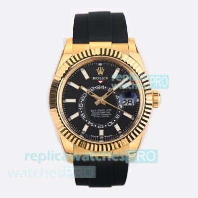 ES Factory 1:1 Replica Rolex Sky-Dweller Yellow Gold Case Black Dial Rubber Strap Watch 